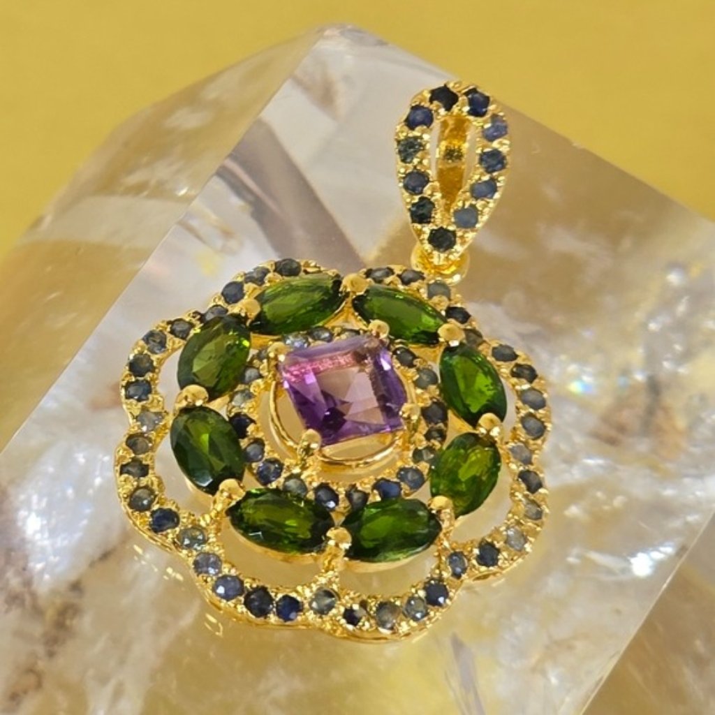 925 Sterling Silver Pendant With Natural Chrome Diopside Amethyst Gems 57$
